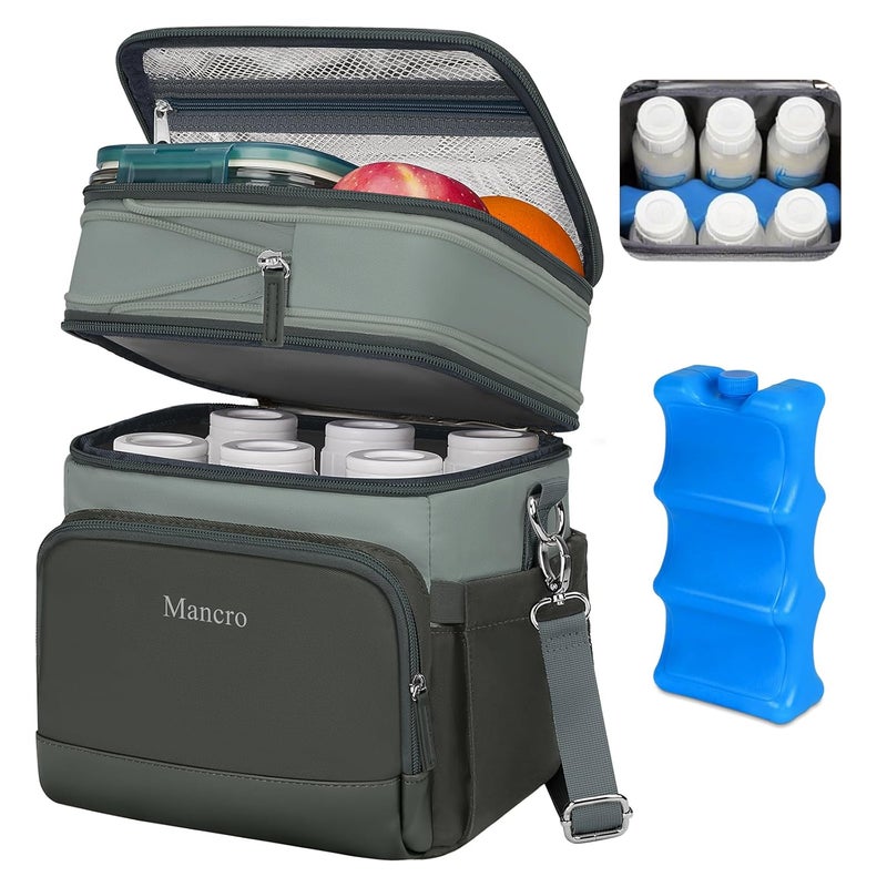 Mancro Breastmilk Cooler Bag with Ice Pack, Expandable Double Layer Breast Pump Bag Fits 6 Bottles Up to 9 Ounce, Baby Bottle Bags for Nursing Moms, Insulation Breast Milk Cooler Travel, Dark Grey - Image 1